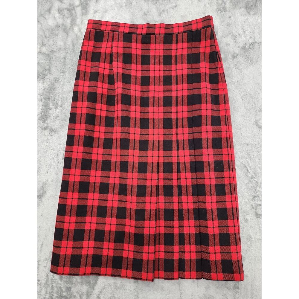 Vintage GW Originals Skirt‎ Womens M Red Black Plaid High Waist Pleated Hem Midi